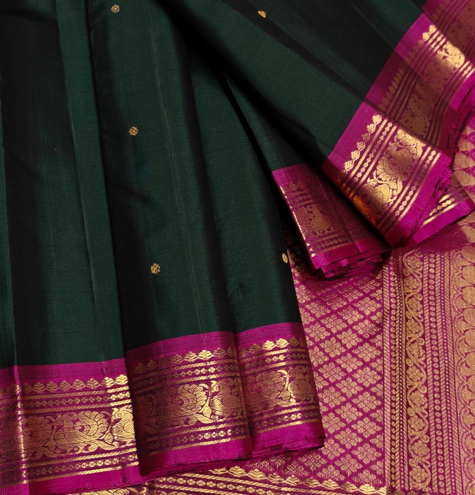 Dark Green Traditional Silk Saree with Pink Border